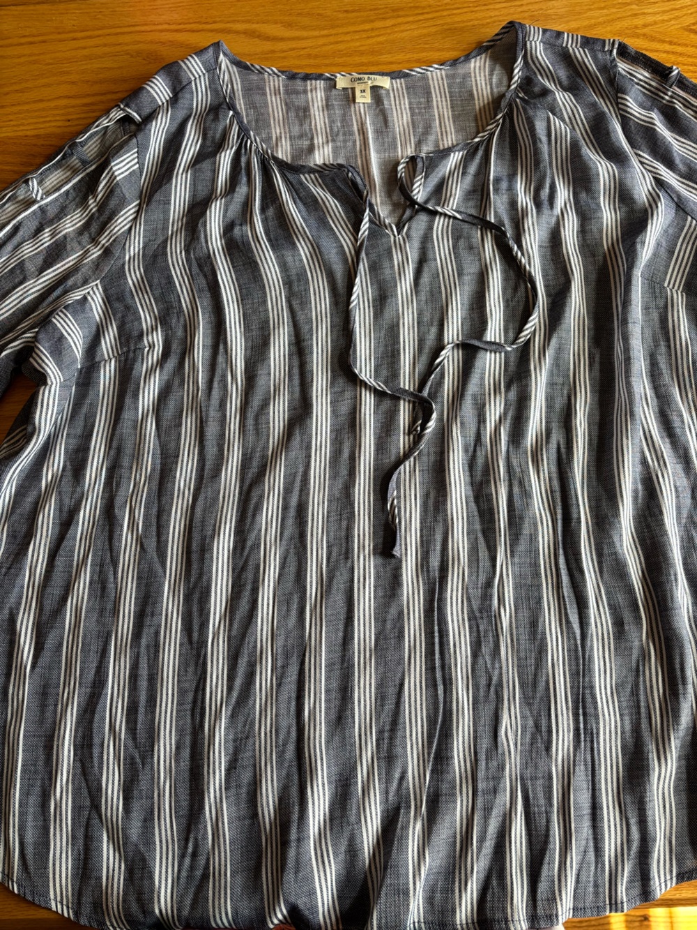 Women’s Como BLU Peasant Blouse 3/4 Sleeve Blue White Vertical Striped 3X BOHO